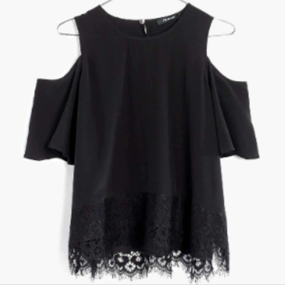 Madewell Cold Shoulder Silk top with Lace Edge Detail EUC